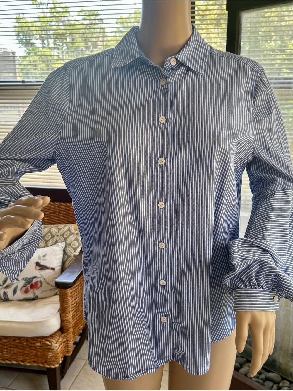 BCBGMaxAzria Blue/ White Pinstripe Button-Down Shirt with flutter open sleeves